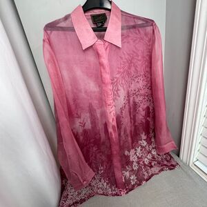 DIANE GILMAN Silk Pink Floral Long Sleeve Semi-Sheer Blouse Size 2X